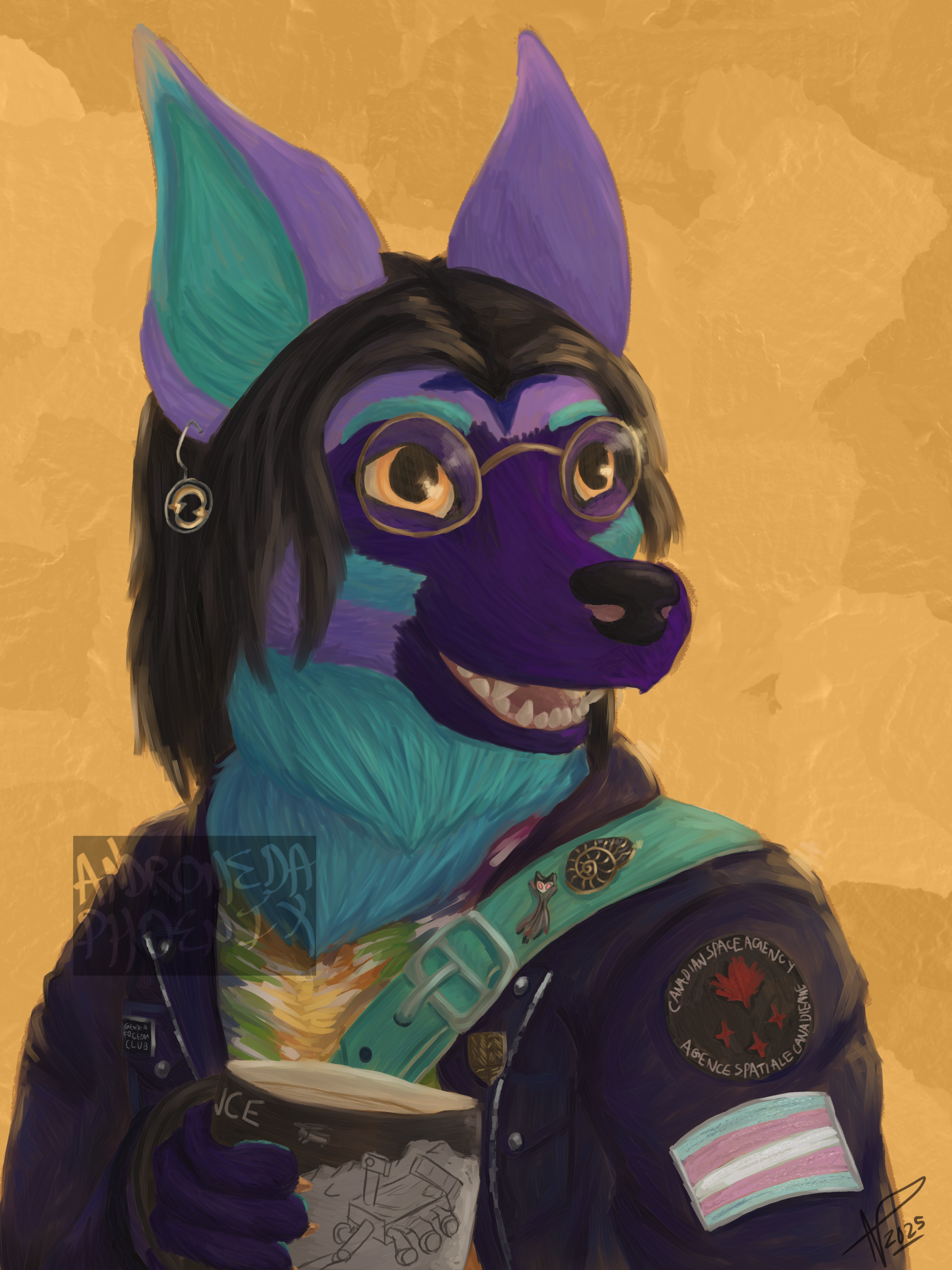Digital artwork of Kepler the Aardwolf by Andromeda Phoenix, of a purple anthro aardwolf with teal highlights, black hair, and orange eyes, holding a mug of coffee and looking into the distance above the viewer. The background and overall tone of the image is a warm yellow.
