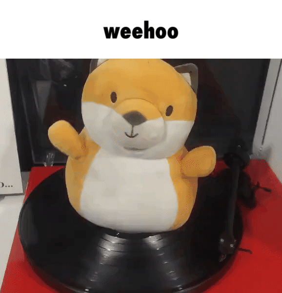 a gif of a fox plushie sitting on a record player, spinning with the record, captioned 'weehoo'